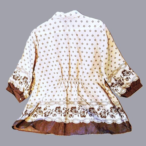 SONOMA Life+Style Women's Button 3/4 Sleeve 1X Shirred Blouse - Tan/Brown Border - Picture 2 of 9